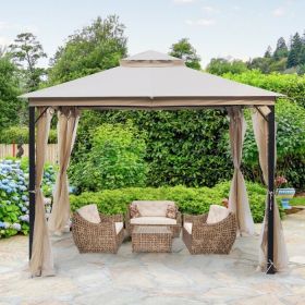 10X10FT Softtop Metal Gazebo with Mosquito Net&Sunshade Curtains,Sturdy Heavy Duty Double Roof Canopy,Galvanized Steel Design Outdoor Tent