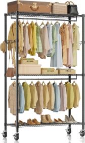 Rolling Clothes Rack, Heavy Duty Clothing Rack, 3-Shelf Portable Adjustable Wardrobe Closet with Wheels, Hanging Rods & Side Hooks