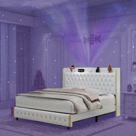 Queen Size Wingback Upholstered Platform Bed Frame with Galaxy Projector, Diamond Button Headbaord, USB Charger, Music Speaker,PU Leather