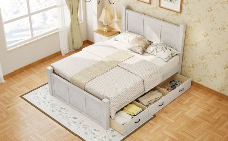 Farmhouse Style Wood Panel Bed Frame Four Square Poster Bed with Three Storage Drawers,King, Ancient White