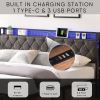 King Bed Frame with Storage Headboard, Charging Station and LED Lights, Upholstered Platform Bed with Heavy Metal Slats, No Box Spring Needed