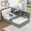 Wood Twin Size platform bed with Storage Headboard, Shelves and 2 Drawers, Gray