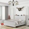 Queen Size Wingback Upholstered Platform Bed Frame with Galaxy Projector, Diamond Button Headbaord, USB Charger, Music Speaker,PU Leather