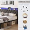 King Bed Frame with Storage Headboard, Charging Station and LED Lights, Upholstered Platform Bed with Heavy Metal Slats, No Box Spring Needed