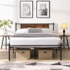Queen Size metal bedframe, Headboard with wood panel decoration, black