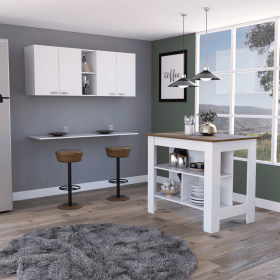 Austin 2 Piece Kitchen Set, Upper Wall Cabinet + Kitchen Island , White /Walnut (Color: White /Walnut)