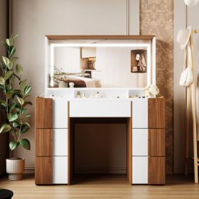 44.4" Elegant Vanity Table with Large Lighted Mirror & Power Outlet, Dressing Table with 7 Drawers & Shelves (Color: Brown+White, Material: MDF,Tempered Glass)