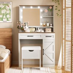Farmhouse Makeup Vanity Desk with Mirror and Lights, 3 Lighting Modes, Vanity Set with Stool, Dressing Table with Adjustable Shelves (Color: as picture)
