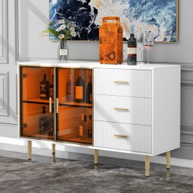 Modern Sideboard MDF Buffet Cabinet Marble Sticker Tabletop and Amber-yellow Tempered Glass Doors with Gold Metal Legs & Handles (Color: White, Material: MDF+glass)
