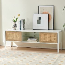 54.33" Rattan TV cabinet with variable color light strip, double sliding doors for storage, adjustable shelf, metal legs, TV console for living r (Color: as Pic)