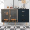 Modern Sideboard MDF Buffet Cabinet Marble Sticker Tabletop and Amber-yellow Tempered Glass Doors with Gold Metal Legs & Handles